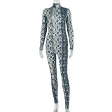 Women Printed Jumpsuit Slim Fit High Neck Long Sleeve Retro Outfit