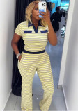 Women Colorblock Crop Top and Pants Set Turndown Collar Casual Two Piece Outfit
