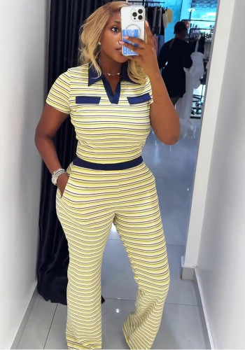 Women Colorblock Crop Top and Pants Set Turndown Collar Casual Two Piece Outfit