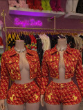 Women Printed Embroidery Stretchy Denim Jacket Bodycon Shorts Two-Piece Set