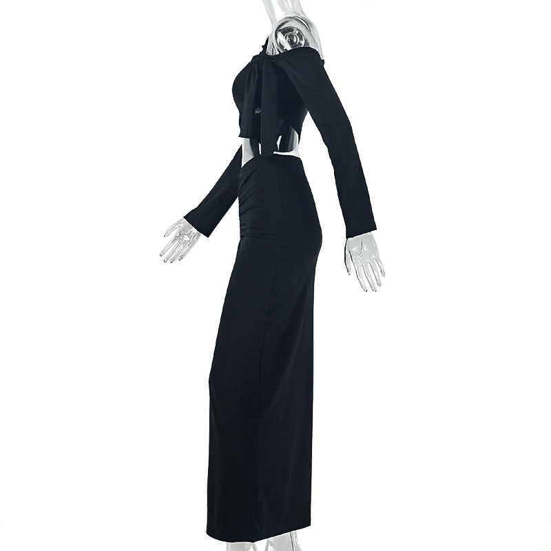 Slash Shoulder Long Sleeve Ruched Bodycon Skirt Two-Piece Set