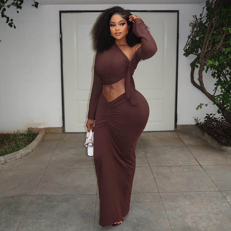 Slash Shoulder Long Sleeve Ruched Bodycon Skirt Two-Piece Set