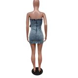Women Strapless Denim Dress Slim Fit Bodycon Pocket Mini Dress Streetwear