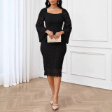 Women Lace Bodycon Dress Hollow Out Bell Sleeve Square Neck Slit Party Dress