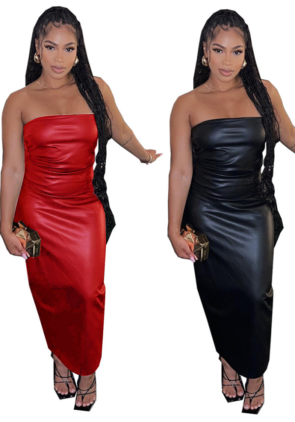 Women Strapless PU Leather Long Dress Side Zipper Back Slit Sexy Clubwear Dress