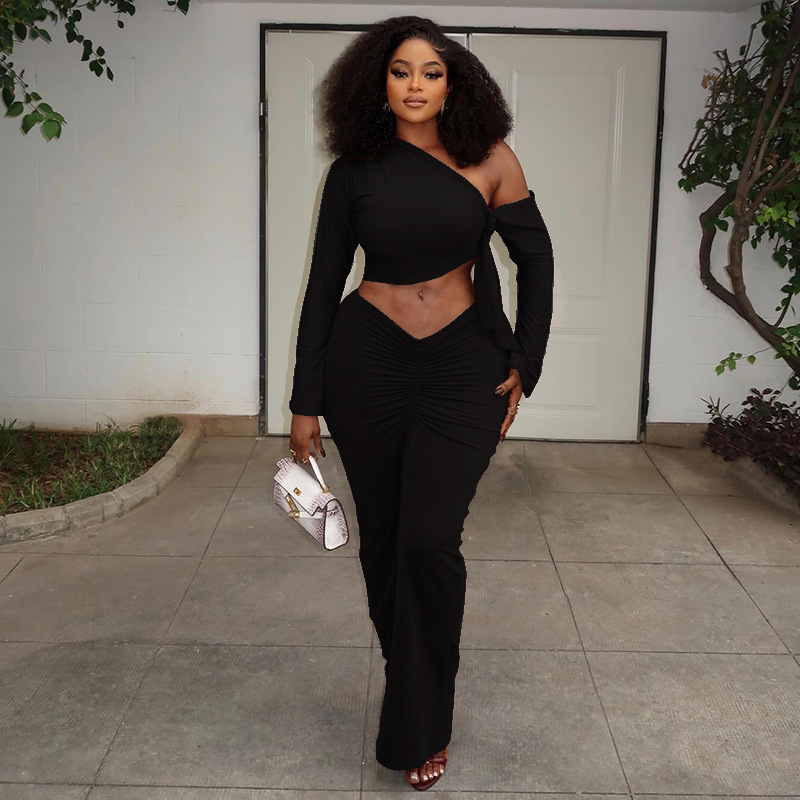 Slash Shoulder Long Sleeve Ruched Bodycon Skirt Two-Piece Set