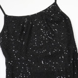 Women Sexy Sequin Halter Lace-Up Patchwork Fur High Slit Dress Strap Party Dress