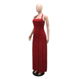 Women Sleeveless Lace-Up Slit Beaded Party Dress Evening Dress Clubwear