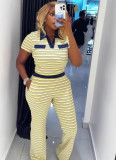 Women Colorblock Crop Top and Pants Set Turndown Collar Casual Two Piece Outfit