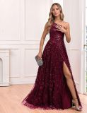 Women Burgundy Sequin Long Dress One Shoulder Slit Plus Size Formal Evening Dress