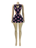 Women Printed Hollow-Out Tie-Side Bodysuit and Shorts Two-Piece Set