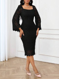 Women Lace Bodycon Dress Hollow Out Bell Sleeve Square Neck Slit Party Dress