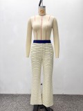 Women Colorblock Crop Top and Pants Set Turndown Collar Casual Two Piece Outfit