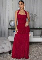 Women Sleeveless Lace-Up Slit Beaded Party Dress Evening Dress Clubwear