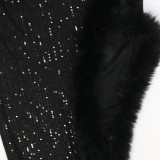 Women Sexy Sequin Halter Lace-Up Patchwork Fur High Slit Dress Strap Party Dress