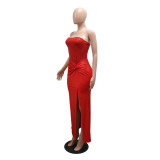 Women Strapless Sequin High Slit Patchwork Long Dress Evening Party Dress