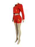 Women Printed Embroidery Stretchy Denim Jacket Bodycon Shorts Two-Piece Set