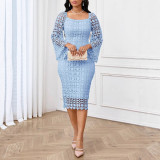 Women Lace Bodycon Dress Hollow Out Bell Sleeve Square Neck Slit Party Dress