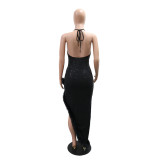 Women Sexy Sequin Halter Lace-Up Patchwork Fur High Slit Dress Strap Party Dress