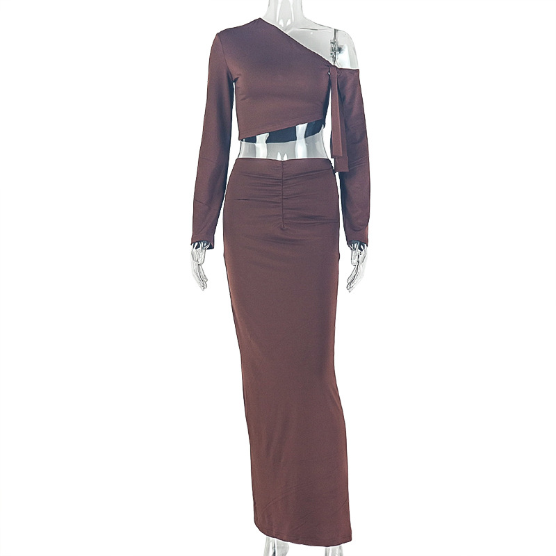 Slash Shoulder Long Sleeve Ruched Bodycon Skirt Two-Piece Set