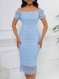 Summer Women Lace Bodycon Dress Hollow Out Square Neck Off Shoulder Party Dress