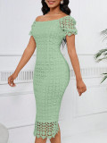 Summer Women Lace Bodycon Dress Hollow Out Square Neck Off Shoulder Party Dress