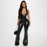 Summer Women PU Leather Lace Halter Neck Bell Bottom Pants Two Piece Set Sexy Club Outfit