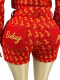 Women Printed Embroidery Stretchy Denim Jacket Bodycon Shorts Two-Piece Set