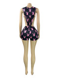 Women Printed Hollow-Out Tie-Side Bodysuit and Shorts Two-Piece Set