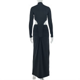 Women Career Bodycon Dress High Neck Long Sleeve Ruched Elegant Long Dress