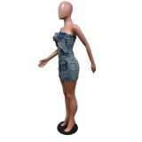 Women Strapless Denim Dress Slim Fit Bodycon Pocket Mini Dress Streetwear