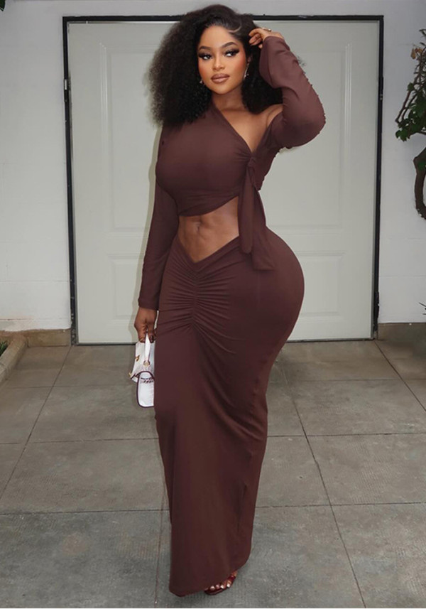 Women Ruched Bodycon Skirt Set Slash Shoulder Long Sleeve Two Piece Outfit
