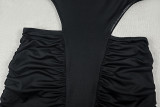 Women Career Bodycon Dress High Neck Long Sleeve Ruched Elegant Long Dress