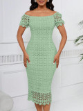 Summer Women Lace Bodycon Dress Hollow Out Square Neck Off Shoulder Party Dress