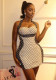 Women Black White Patchwork Bodycon Dress Halter Neck Strapless Sexy Clubwear Dress