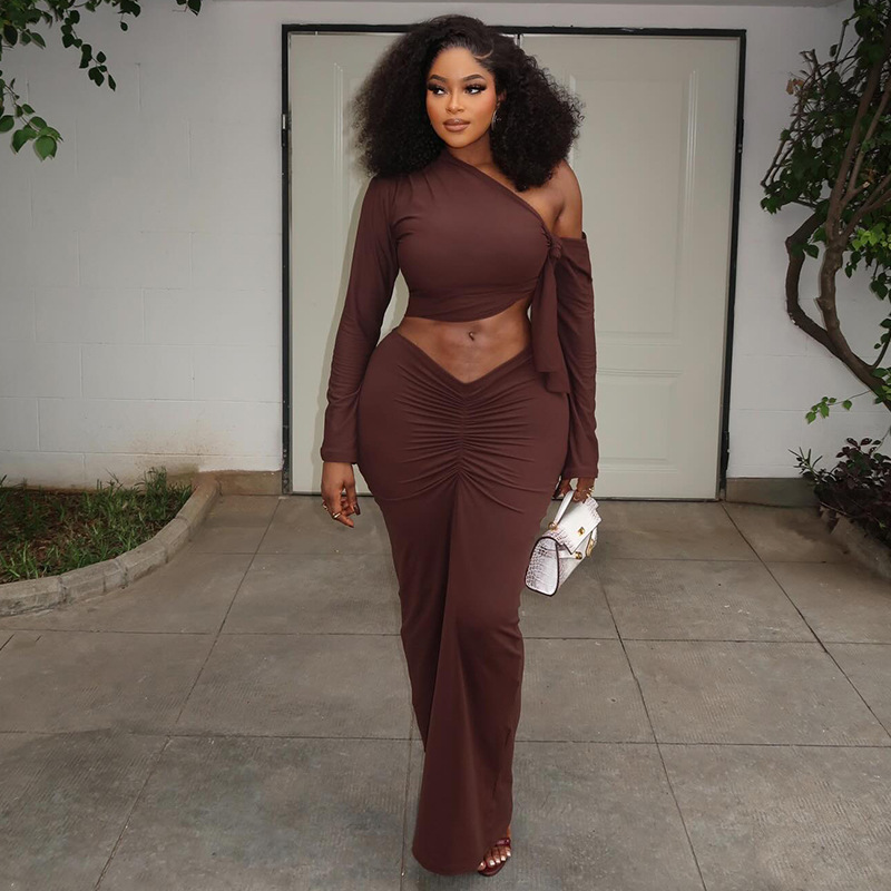 Slash Shoulder Long Sleeve Ruched Bodycon Skirt Two-Piece Set