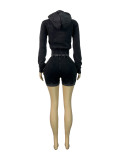 Women Washed Zipper Hooded Top and Shorts Two-Piece Set