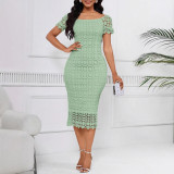 Summer Women Lace Bodycon Dress Hollow Out Square Neck Off Shoulder Party Dress