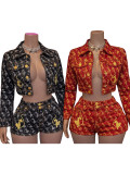 Women Printed Embroidery Stretchy Denim Jacket Bodycon Shorts Two-Piece Set