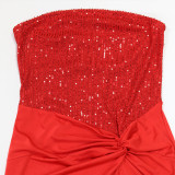 Women Strapless Sequin High Slit Patchwork Long Dress Evening Party Dress