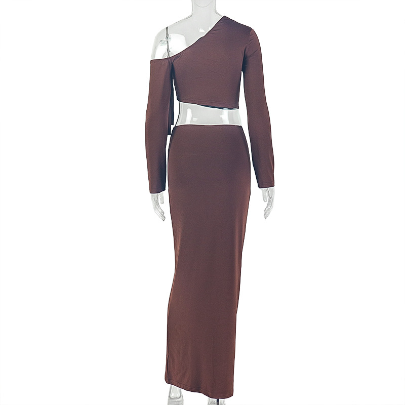 Slash Shoulder Long Sleeve Ruched Bodycon Skirt Two-Piece Set