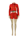 Women Printed Embroidery Stretchy Denim Jacket Bodycon Shorts Two-Piece Set
