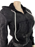 Women Washed Zipper Hooded Top and Shorts Two-Piece Set