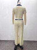 Women Colorblock Crop Top and Pants Set Turndown Collar Casual Two Piece Outfit
