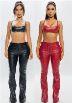 Women Sexy PU Leather Halter Neck Sleeveless Lace-Up Two Piece  Pants Set Outfit Clubwear