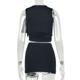 Spring Summer Women Bodycon Skirt Set Ruched Sleeveless Lace-Up Two Piece Outfit