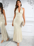 Women Sexy Low Back Sequin Long Dress Evening Party Dress Clubwear