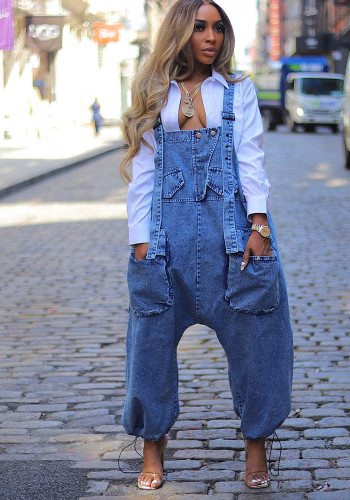 Women Casual Denim Jumpsuit Wide Leg Overall Fashion Streetwear Outfit