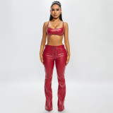 Women Sexy PU Leather Halter Neck Sleeveless Lace-Up Two Piece  Pants Set Outfit Clubwear