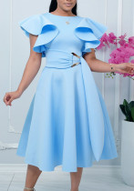 Summer Women Chic Elegant Ruffle Sleeve Slim Waist Lace-Up Party Dress Evening Dress